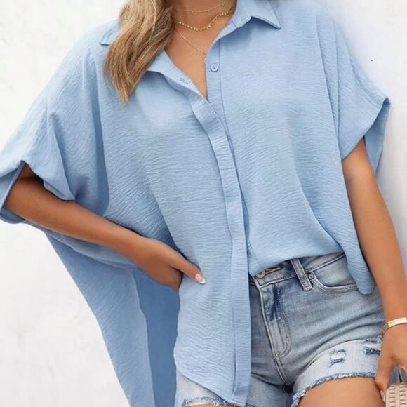 Large Button Short Sleeve Orange Blouse - Picture 2 of 4